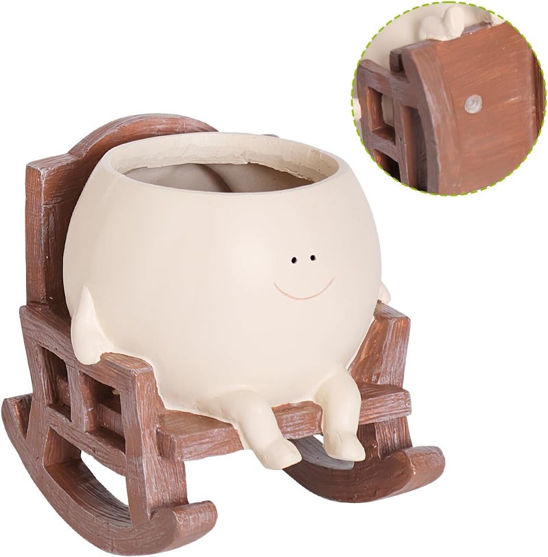 UMESONG Smily Face Planter Pot Cute Resin Flower Head Planters for Indoor Outdoor Plants Unique Sitting Rocking Chairs Succulent Pots for String of Pearls Plant Live Gift Ideals with Drainage Hole - Image 3